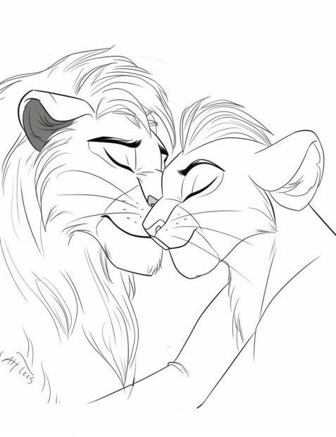 Lion king coloring pages with Simba and Nala reunited as adults.