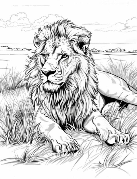 Lion sitting majestically in the savannah, printable coloring pages.