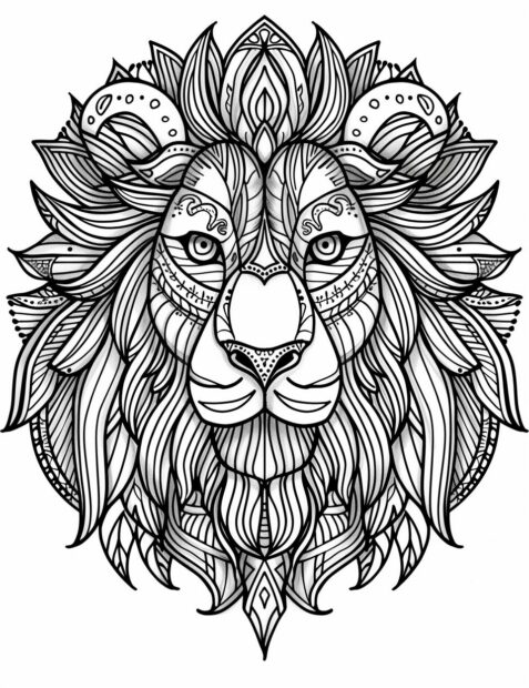 Lion with an intricate mandala background, free coloring pages.