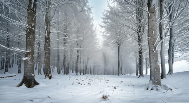 Magical winter wonderland desktop HD wallpaper with snow covered trees.