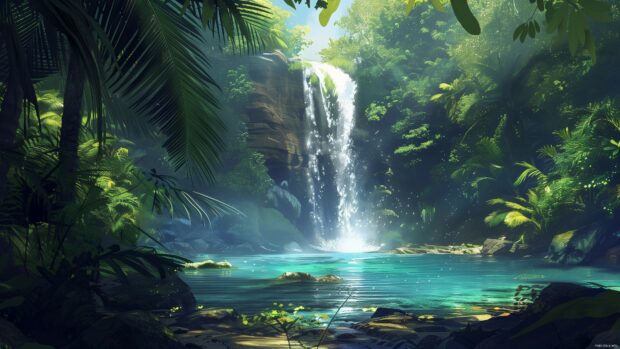 Majestic waterfall cascading into a crystal clear pool, surrounded by tropical foliage, Best Nature 4K wallpaper for desktop.