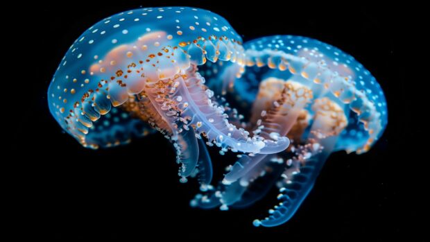 Marvel at the delicate beauty of sea jellies pulsating with bioluminescence, floating gracefully through the dark waters 3.