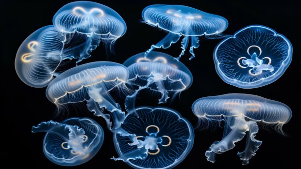 Marvel at the delicate beauty of sea jellies pulsating with bioluminescence, floating gracefully through the dark waters 4.