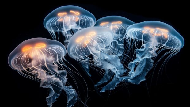 Marvel at the ethereal glow of jellyfish drifting through the dark abyss, their translucent bodies illuminated by bioluminescence.