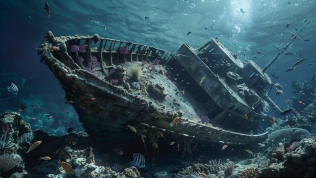 Marvel at the intricate details of a shipwreck nestled on the ocean floor, under the Sea.