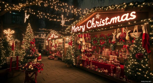 Merry Christmas HD wallpaper features a charming holiday market scene with stalls selling ornaments, wreaths, and gifts.