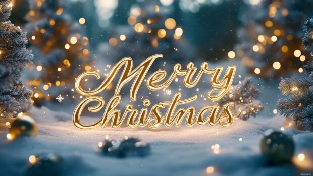 Merry Christmas written in elegant gold script, surrounded by snow covered trees and twinkling lights.