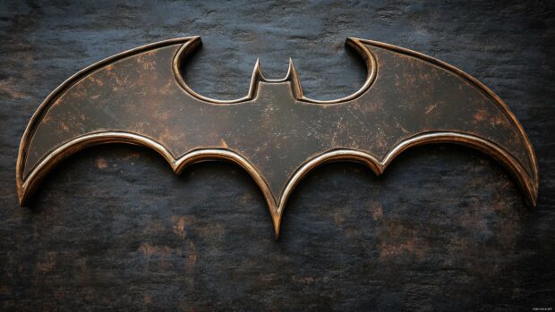 Metallic Batman logo 4K with a reflective surface, placed against a dark, grunge style background.