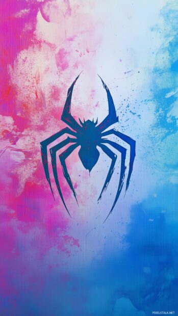 Minimalist Spiderman logo with a bright, colorful comic book background.