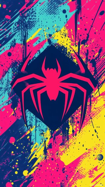 Minimalist Spiderman logo with a bright, colorful comic book background, in a colorful comic book style.