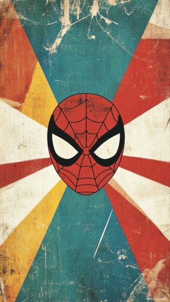 Minimalist Spiderman logo with a bright, colorful comic book background, mobile wallpaper.