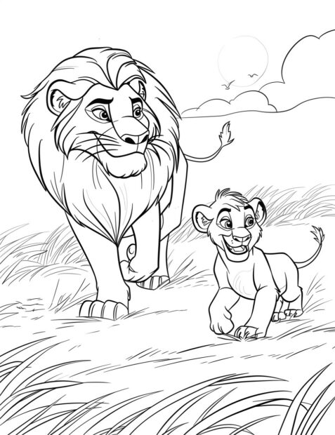 Mufasa and Simba walking through the savannah, Lion king coloring pages.