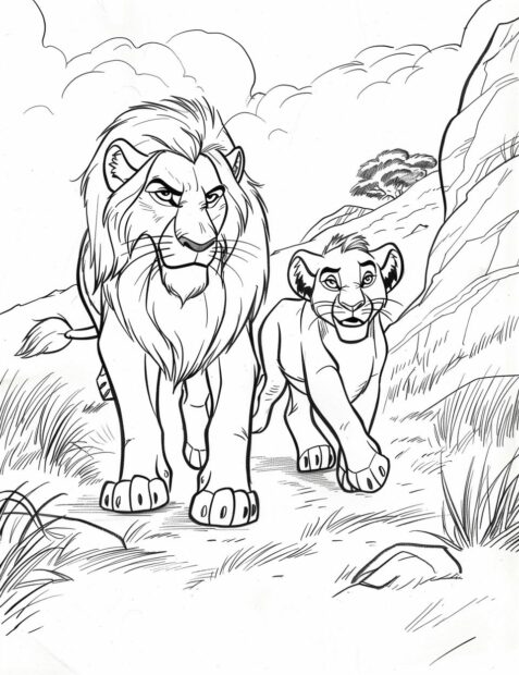 Mufasa and Simba walking through the savannah, lion king coloring pages.