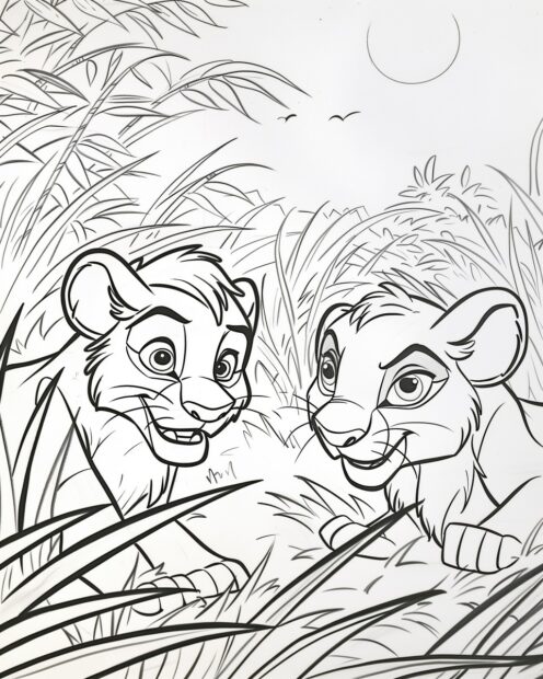 Nala and Simba playing together as cubs, Lion king coloring pages.