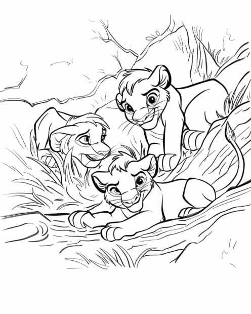 Nala and Simba playing together as cubs, coloring pages.