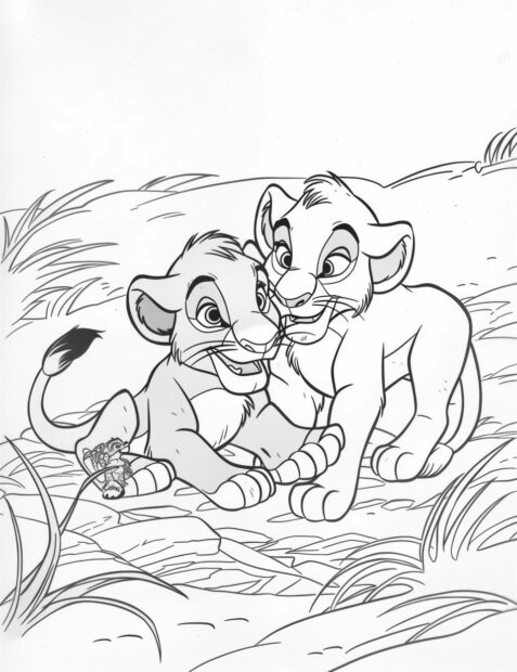 Nala and Simba playing together as cubs, printable lion king coloring pages.