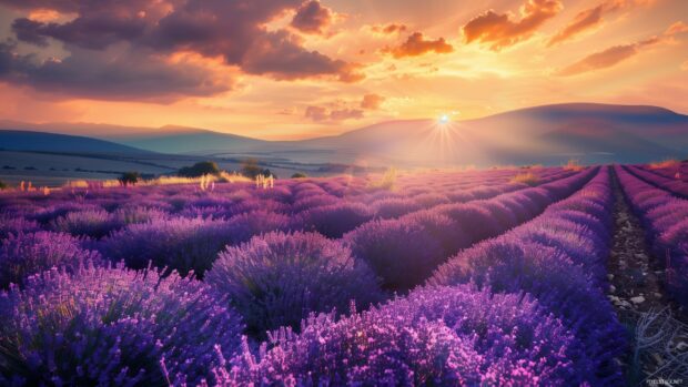 Nature Desktop Wallpaper with Lavender field under a golden sunset, vibrant purple flowers, tranquil scene.