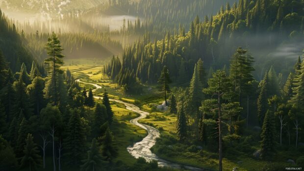 Nature Desktop Wallpaper with lush green forest with a winding river, sunlight filtering through the trees.