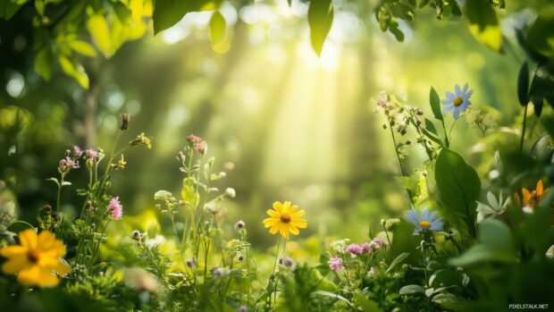 Nature scene with flowers wallpaper with wildflowers in their natural setting, surrounded by lush greenery.