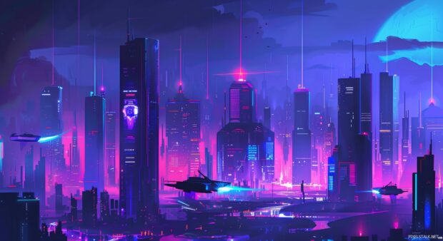 Neon cityscape with cool futuristic buildings and flying vehicles.