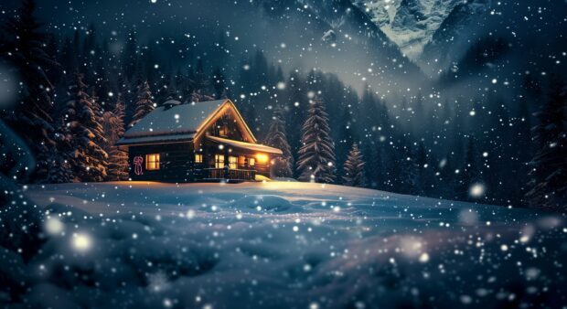 Night winter wonderland with a cozy cabin surrounded by snow.