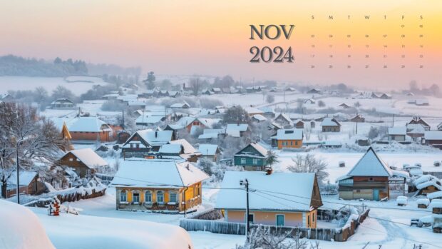 November 2024 Calendar HD Wallpaper of Winter Village.