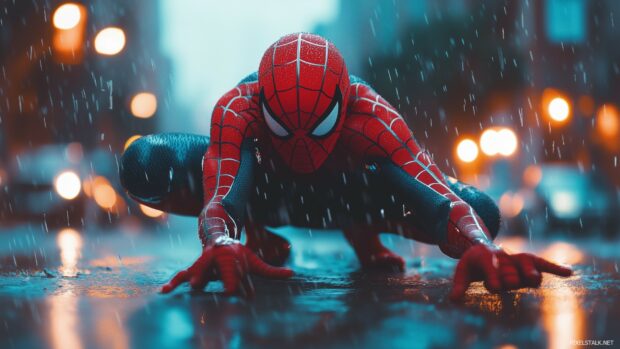 PS4 Spiderman in a rain soaked city, with dramatic lighting and wet streets.