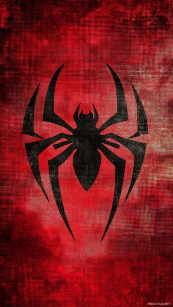 Phone wallpaper Spiderman logo with a distressed texture on a plain red background.