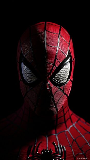 Phone wallpaper of Spiderman mask with a plain black background.