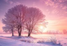 Pink hued frost on winter trees.