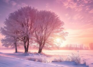 Pink hued frost on winter trees.