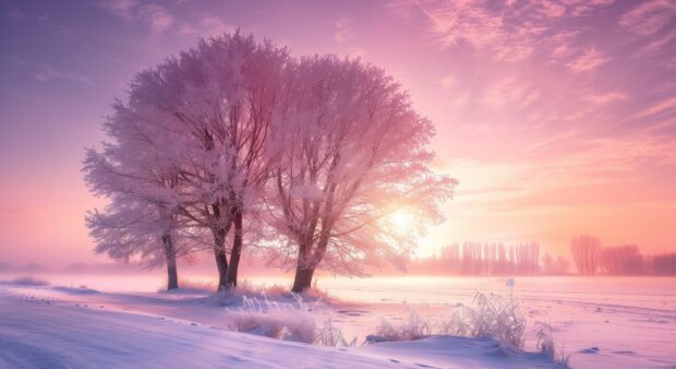 Pink hued frost on winter trees.