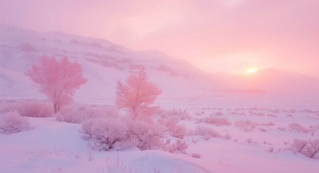 Pink sunset casting a glow on a snowy winter scene.