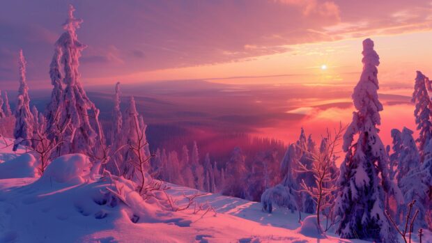 Pink sunset casting a glow on a snowy winter scene, Pretty 4K Wallpaper for desktop.