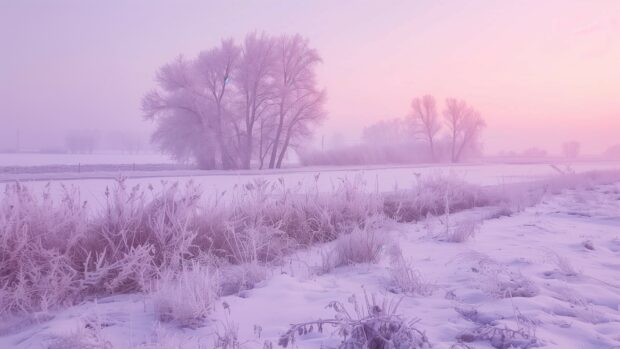 Pink twilight over a wintery landscape 4K wallpaper.