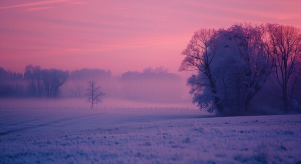 Pink twilight over a wintery landscape HD picture.