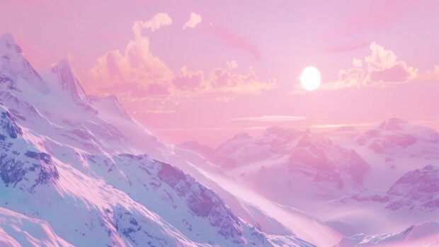 Pink winter dawn over a snowy mountain range, 4K wallpaper for desktop.