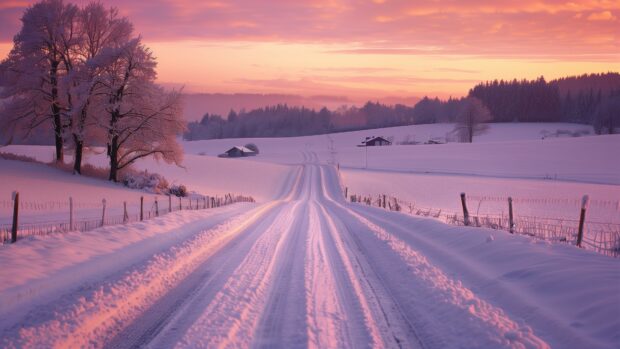 Pink winter evening with snow covered fields.