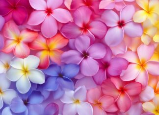 Plumeria close up wallpaper 2K high resolution with fragrant and colorful plumeria blooms.