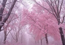 Pretty Winter 4K Picture with pink hued frost on winter trees.