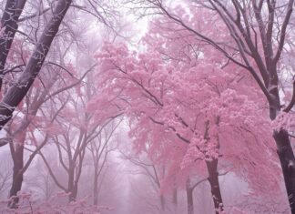 Pretty Winter 4K Picture with pink hued frost on winter trees.