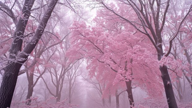 Pretty Winter 4K Picture with pink hued frost on winter trees.