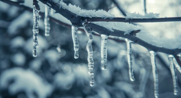 Pretty winter snow with icicles hanging from branches.