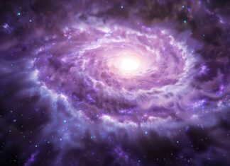 Purple galaxy desktop wallpaper with intricate patterns and clusters of stars.