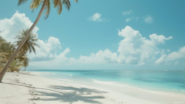 Quiet beach Nature Desktop Wallpaper with turquoise water, white sand, and swaying palm trees.