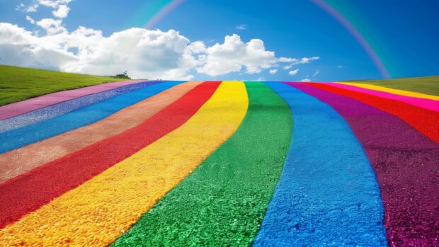 Rainbow background with field of flowers.