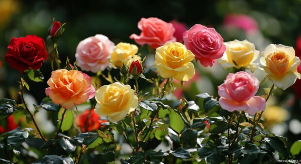 Rose garden desktop wallpaper with a variety of roses in different colors.