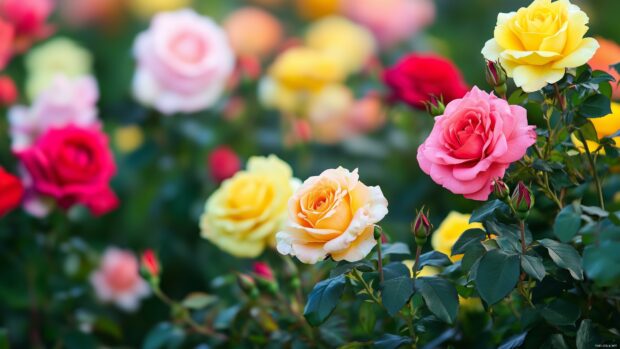 Rose garden wallpaper 4K with a variety of roses in different colors.