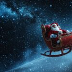 Santa Claus riding his sleigh across a starry night sky, Christmas Wallpaper for Desktop.