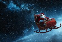 Santa Claus riding his sleigh across a starry night sky, Christmas Wallpaper for Desktop.